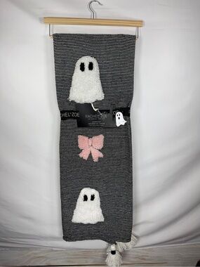 Rachel Zoe Ghost Bow Throw Blanket 50x70 Black White Pink Striped Tassel NEW